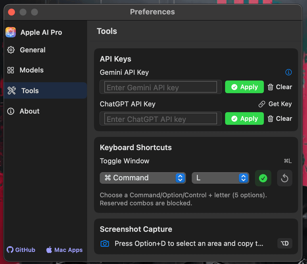 Apple AI Global Shortcut Settings